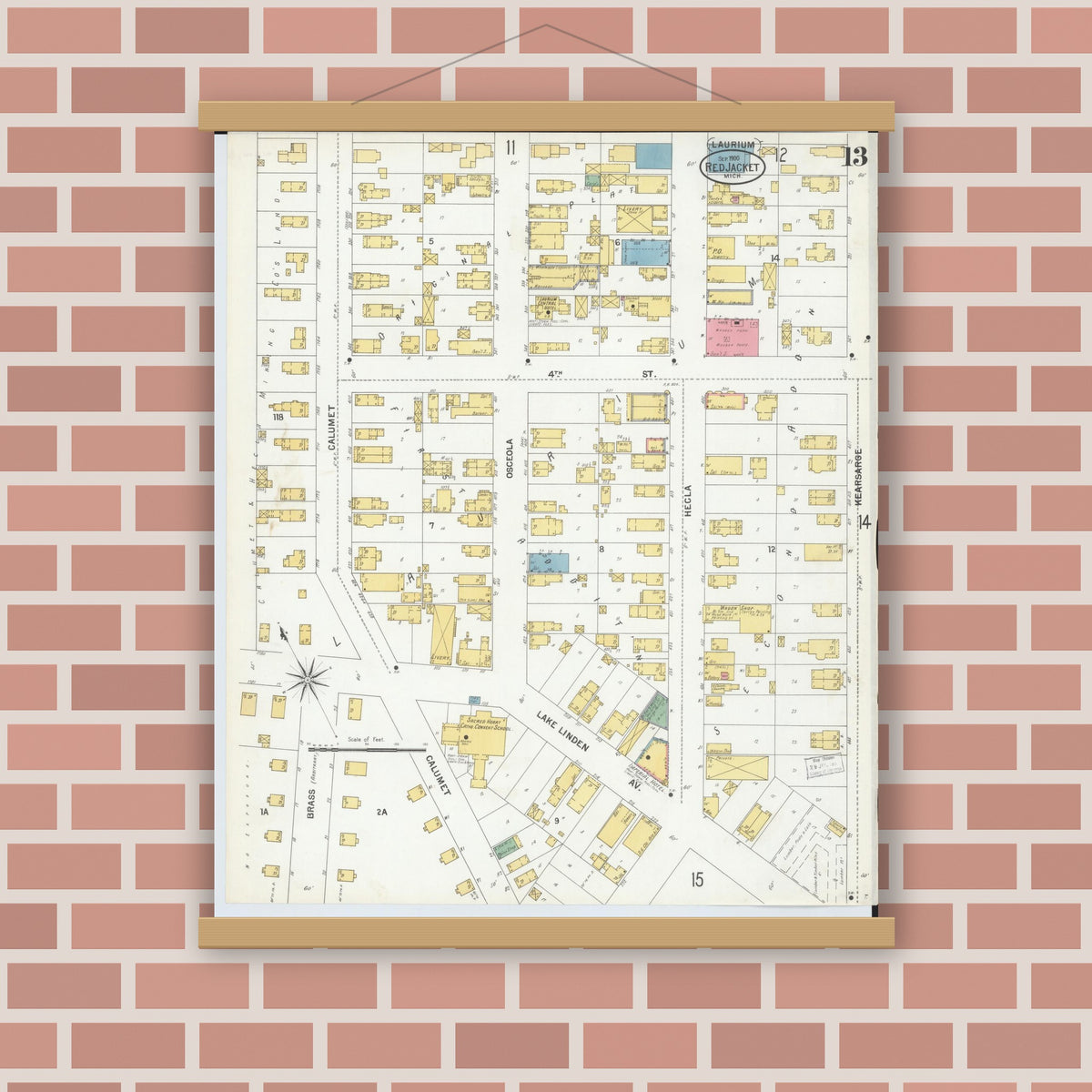 Old map wall art mockup — magnetic wood frame on brick wall — Sanborn Fire Insurance Map from Red Jacket, Houghton County, Michigan (1900), Sheet #0013