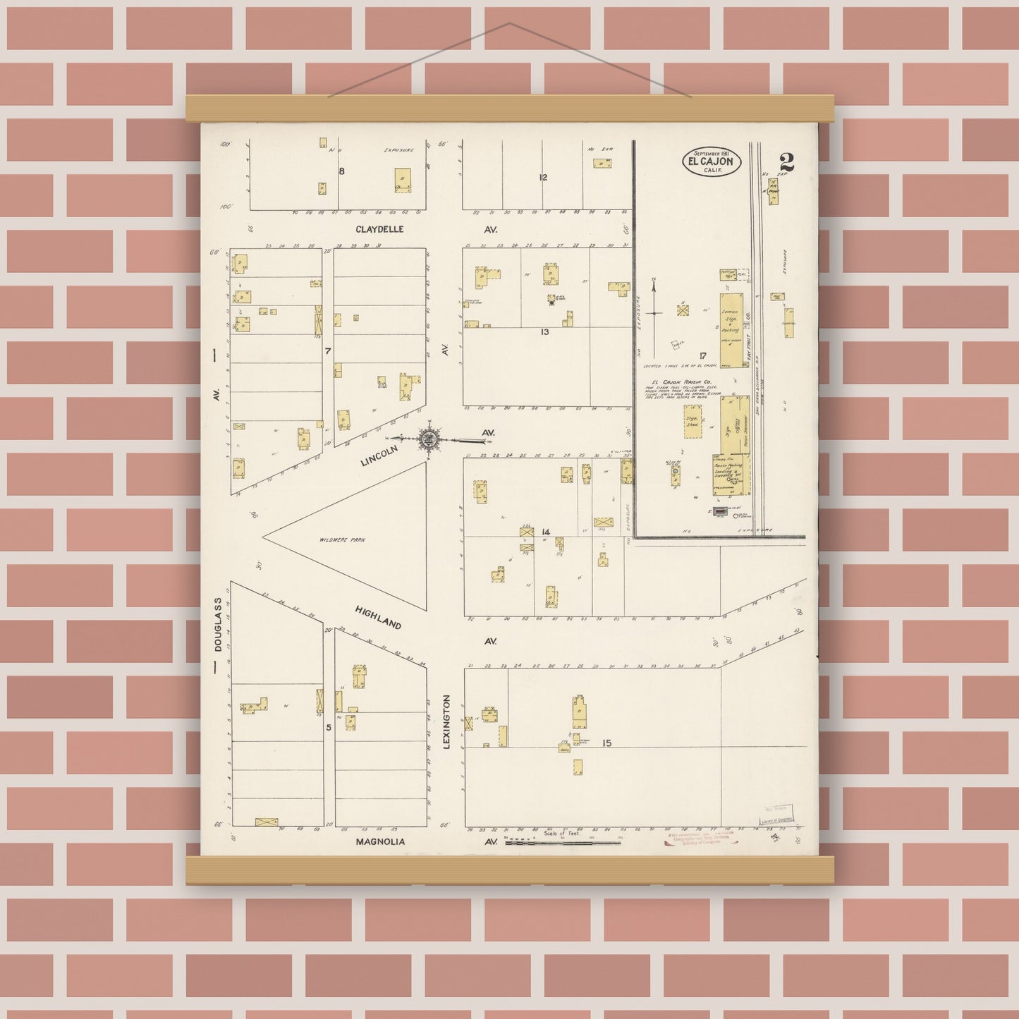 Old map wall art mockup — magnetic wood frame on brick wall — Sanborn Fire Insurance Map from El Cajon, San Diego County, California (1911), Sheet #0002