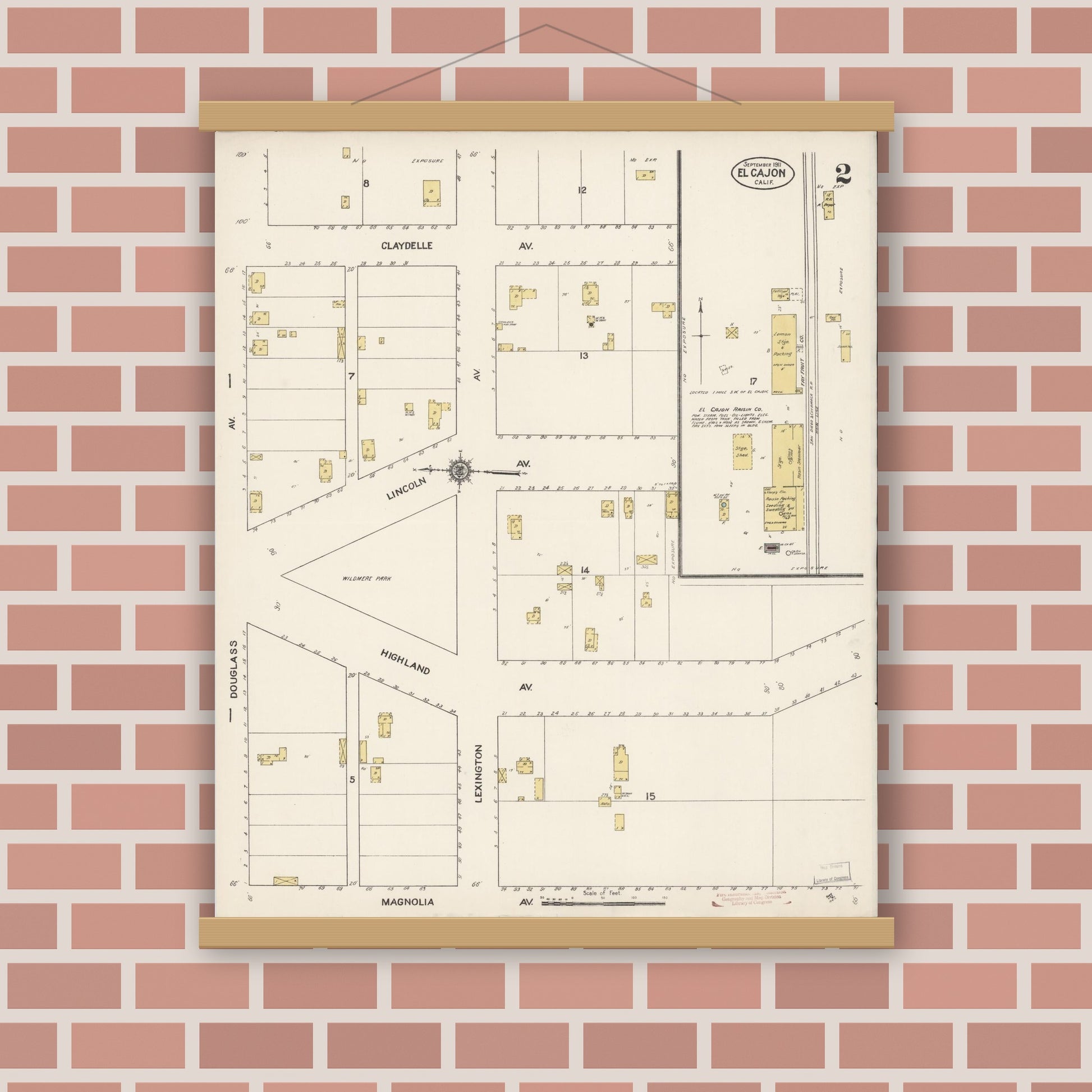 Old map wall art mockup — magnetic wood frame on brick wall — Sanborn Fire Insurance Map from El Cajon, San Diego County, California (1911), Sheet #0002