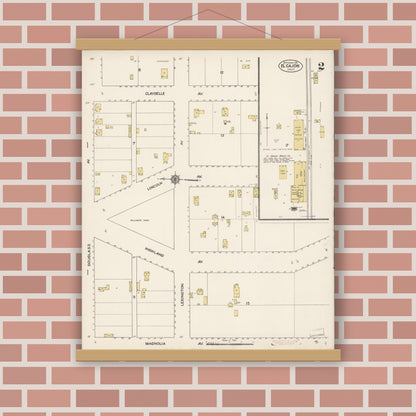 Old map wall art mockup — magnetic wood frame on brick wall — Sanborn Fire Insurance Map from El Cajon, San Diego County, California (1911), Sheet #0002