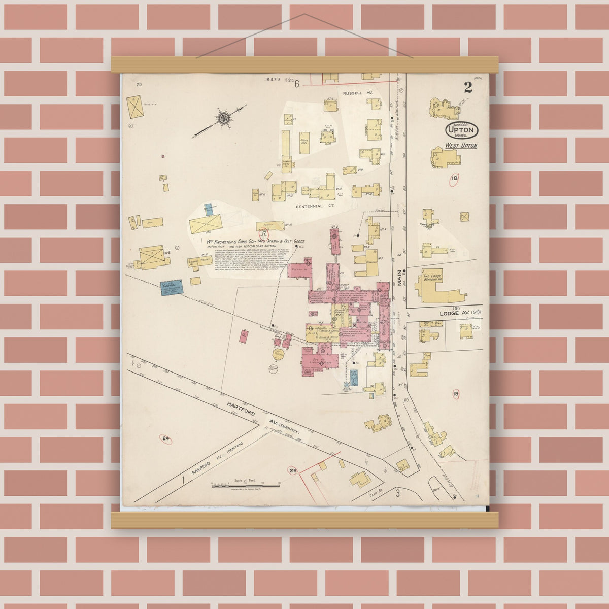 Old map wall art mockup — magnetic wood frame on brick wall — Sanborn Fire Insurance Map from Upton, Worcester County, Massachusetts (1945), Sheet #0002