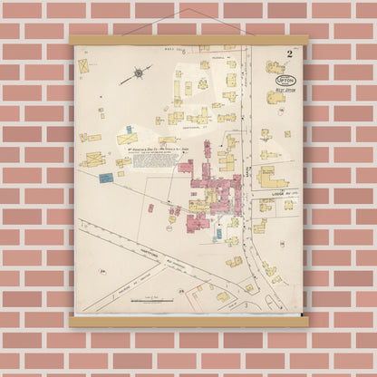 Old map wall art mockup — magnetic wood frame on brick wall — Sanborn Fire Insurance Map from Upton, Worcester County, Massachusetts (1945), Sheet #0002