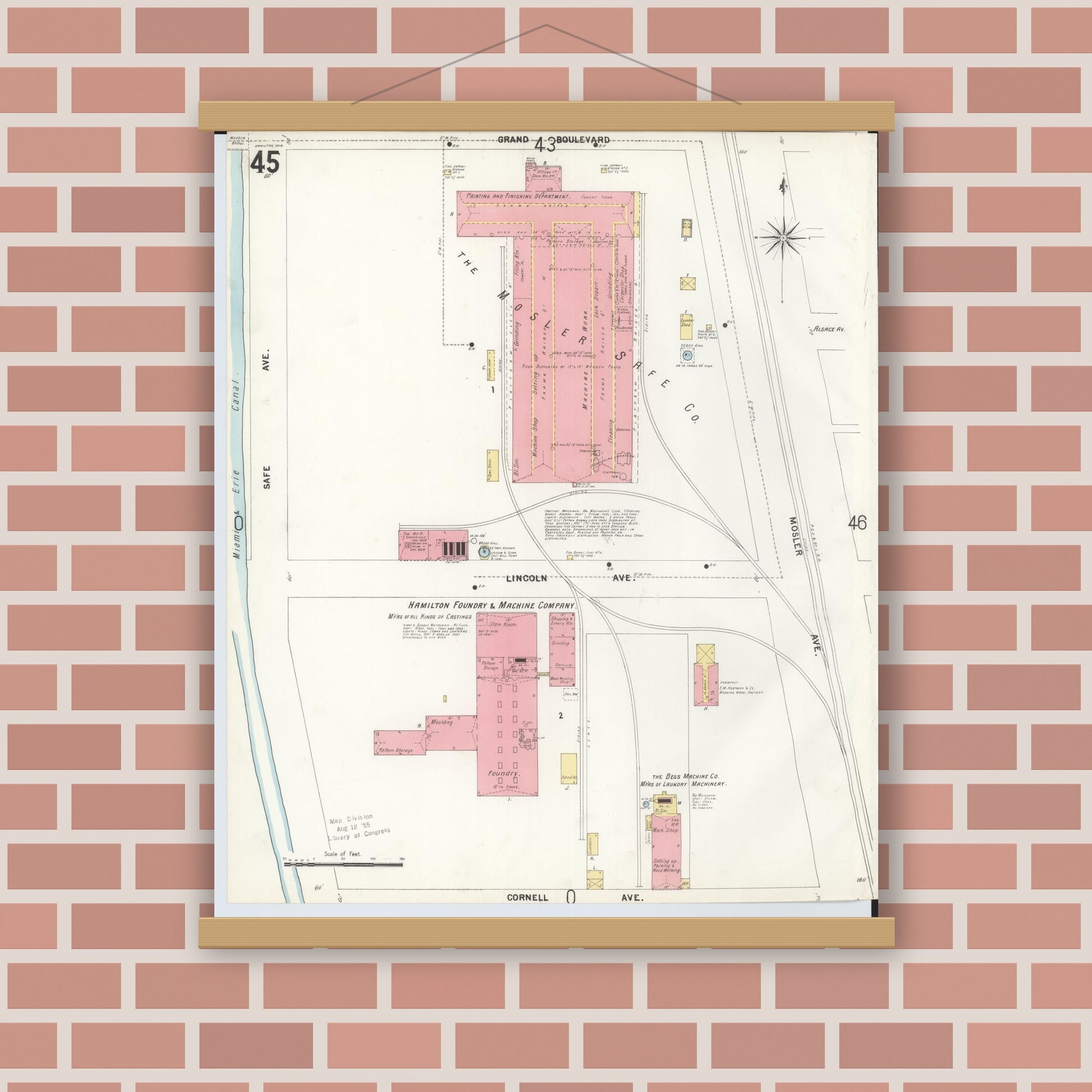 Old map wall art mockup — magnetic wood frame on brick wall — Sanborn Fire Insurance Map from Hamilton, Butler County, Ohio (1899), Sheet #0045