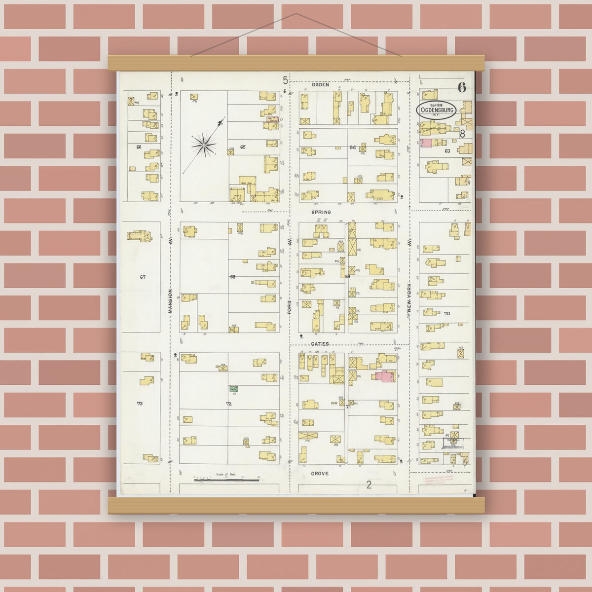 Old map wall art mockup — magnetic wood frame on brick wall — Sanborn Fire Insurance Map from Ogdensburg, St. Lawrence County, New York (1898), Sheet #0006