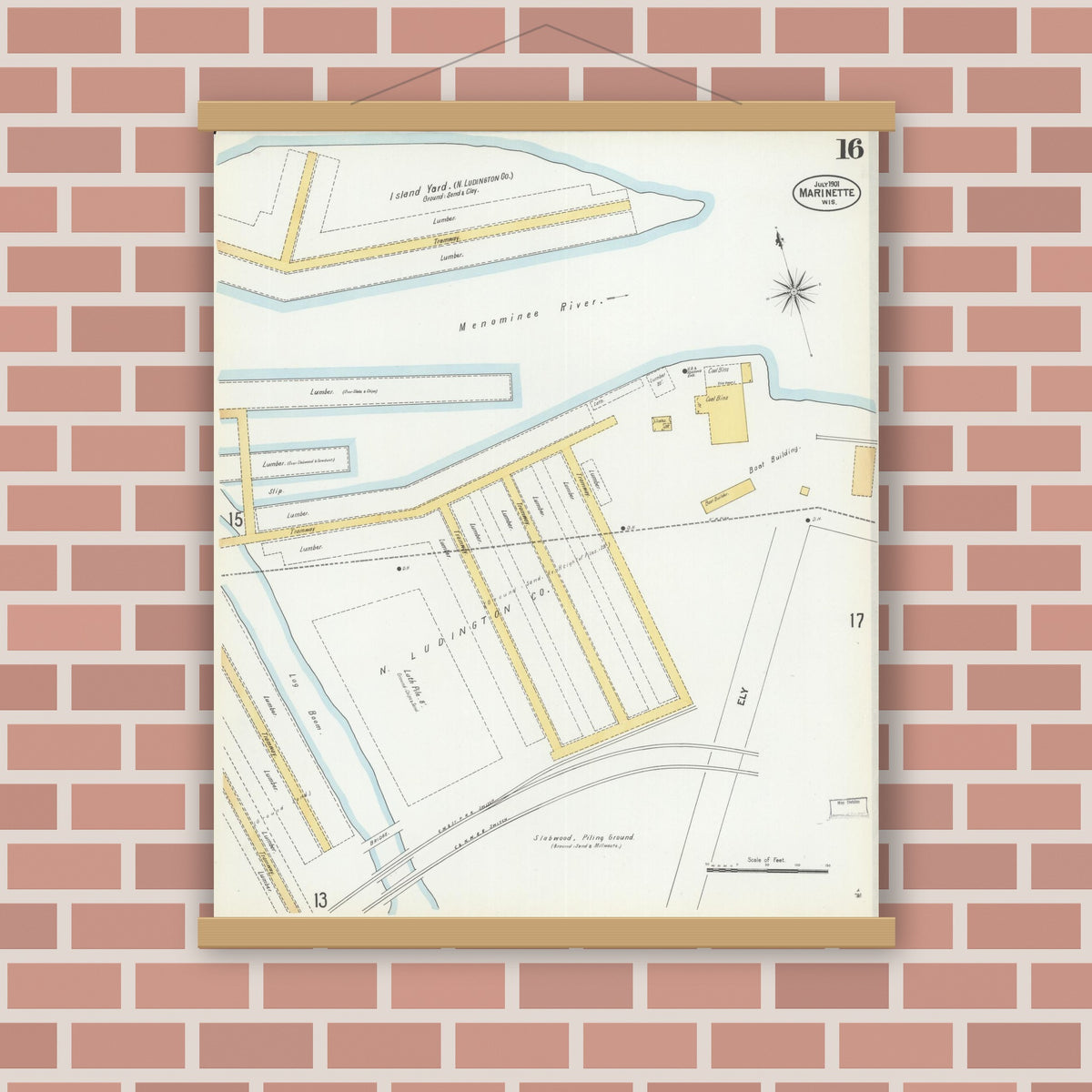 Old map wall art mockup — magnetic wood frame on brick wall — Sanborn Fire Insurance Map from Marinette, Marinette County, Wisconsin (1901), Sheet #0016
