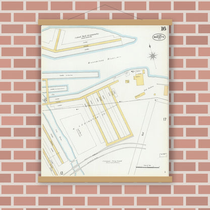 Old map wall art mockup — magnetic wood frame on brick wall — Sanborn Fire Insurance Map from Marinette, Marinette County, Wisconsin (1901), Sheet #0016