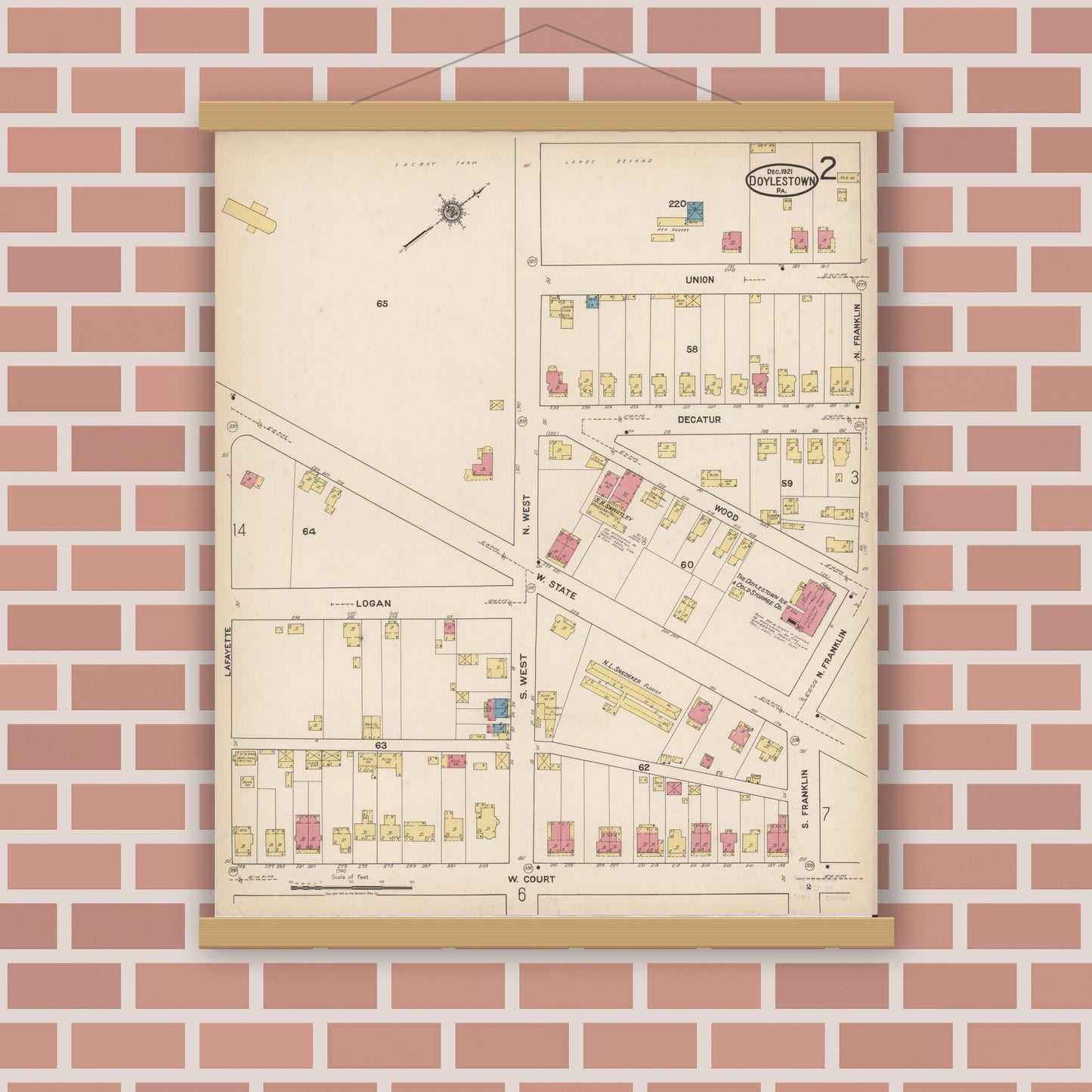 Old map wall art mockup — magnetic wood frame on brick wall — Sanborn Fire Insurance Map from Doylestown, Bucks County, Pennsylvania (1922), Sheet #0002