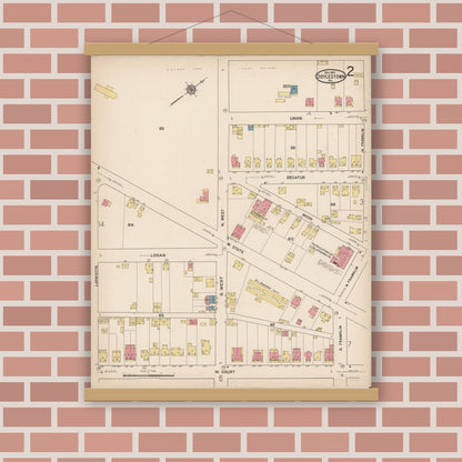 Old map wall art mockup — magnetic wood frame on brick wall — Sanborn Fire Insurance Map from Doylestown, Bucks County, Pennsylvania (1922), Sheet #0002