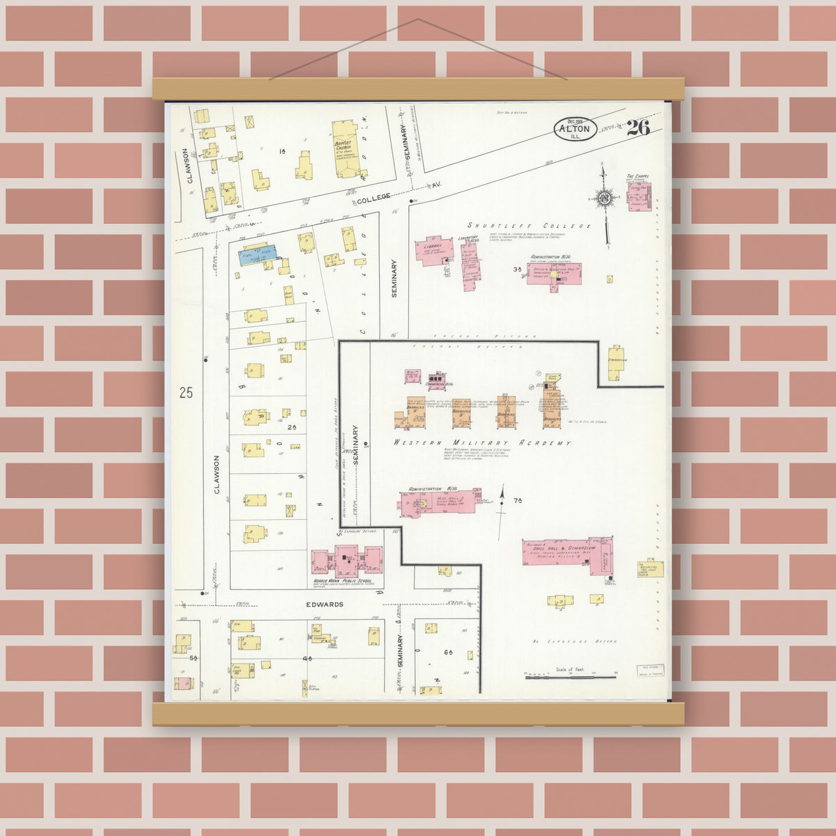 Old map wall art mockup — magnetic wood frame on brick wall — Sanborn Fire Insurance Map from Alton, Madison County, Illinois (1915), Sheet #0026