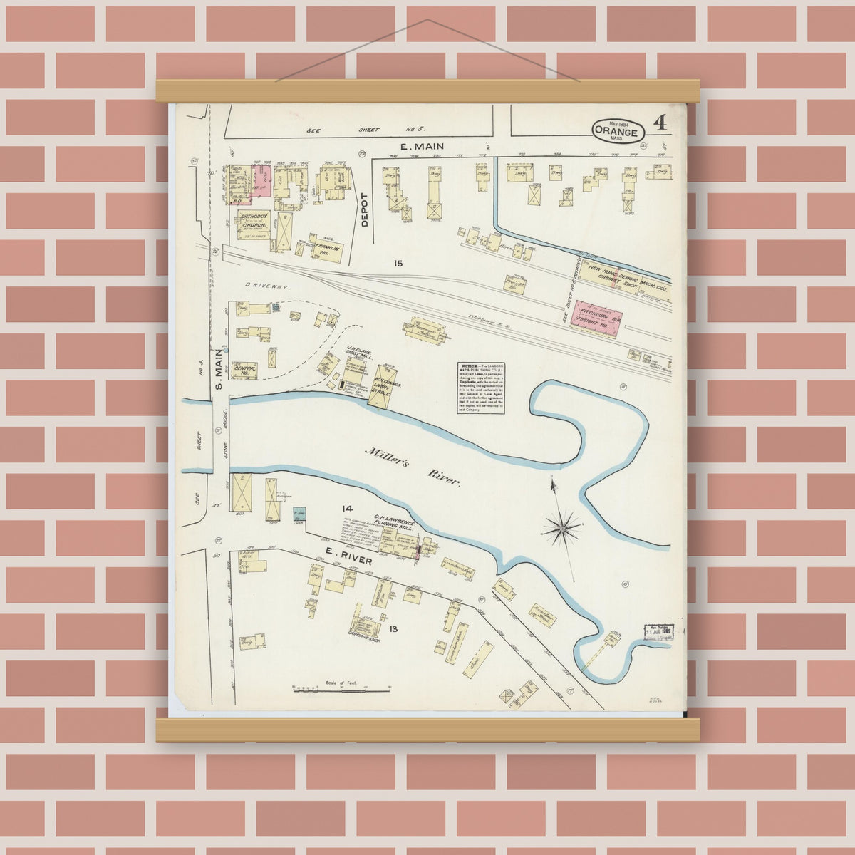 Old map wall art mockup — magnetic wood frame on brick wall — Sanborn Fire Insurance Map from Orange, Franklin County, Massachusetts (1884), Sheet #0004