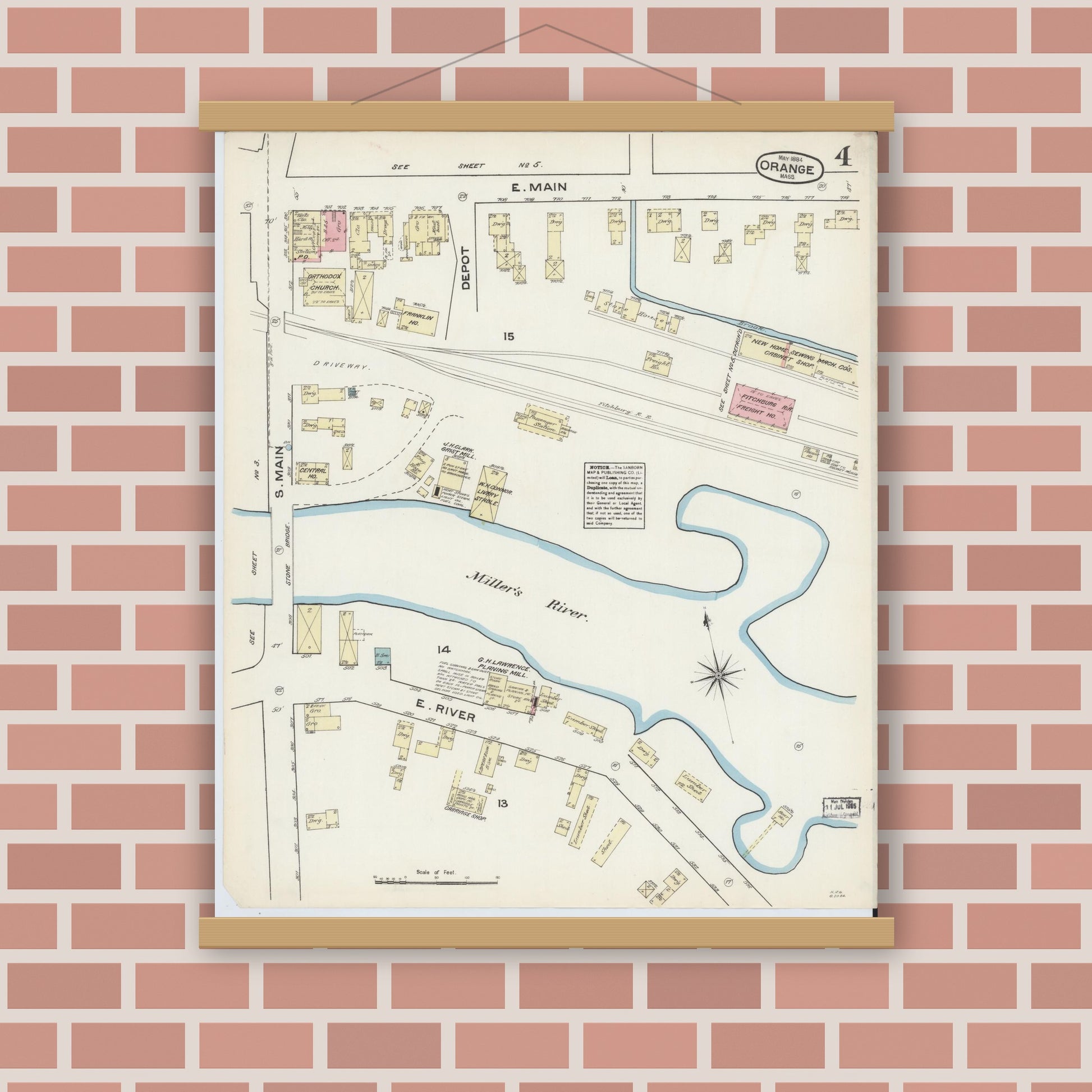 Old map wall art mockup — magnetic wood frame on brick wall — Sanborn Fire Insurance Map from Orange, Franklin County, Massachusetts (1884), Sheet #0004