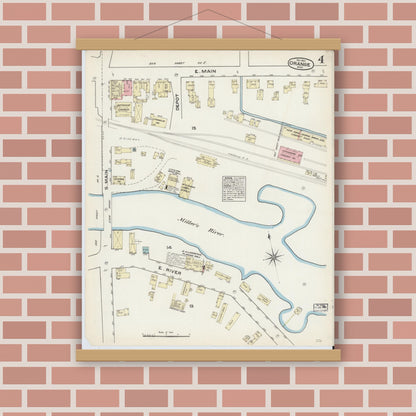 Old map wall art mockup — magnetic wood frame on brick wall — Sanborn Fire Insurance Map from Orange, Franklin County, Massachusetts (1884), Sheet #0004