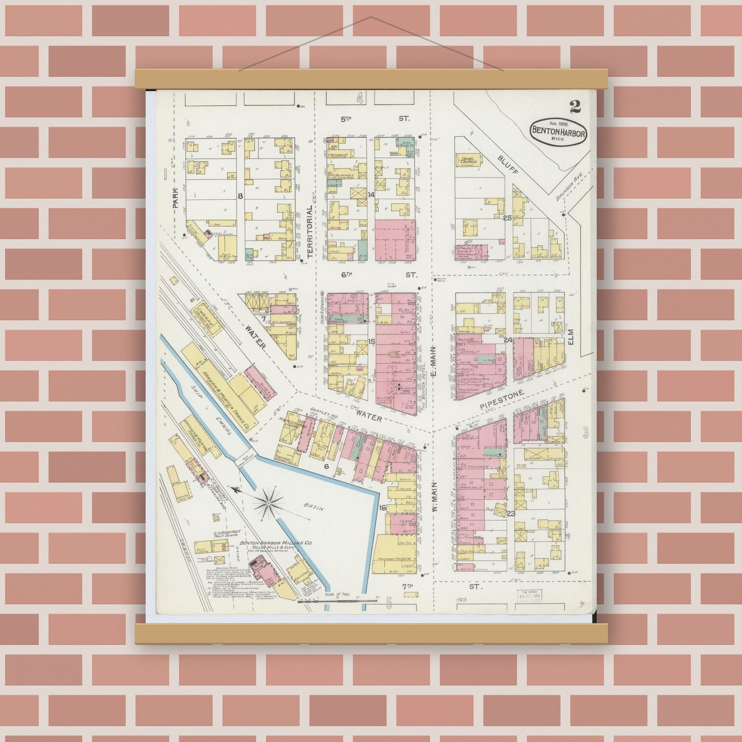 Old map wall art mockup — magnetic wood frame on brick wall — Sanborn Fire Insurance Map from Benton Harbor, Berrien County, Michigan (1892), Sheet #0002