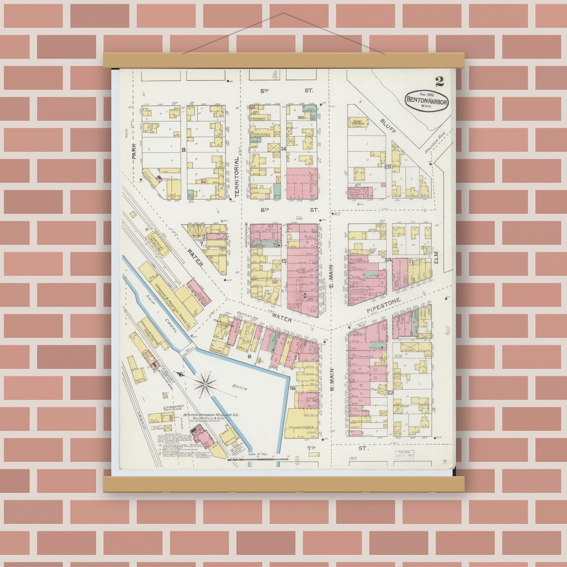 Old map wall art mockup — magnetic wood frame on brick wall — Sanborn Fire Insurance Map from Benton Harbor, Berrien County, Michigan (1892), Sheet #0002