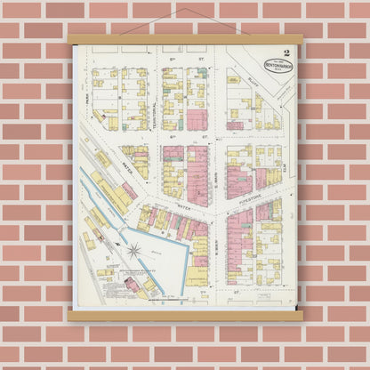 Old map wall art mockup — magnetic wood frame on brick wall — Sanborn Fire Insurance Map from Benton Harbor, Berrien County, Michigan (1892), Sheet #0002