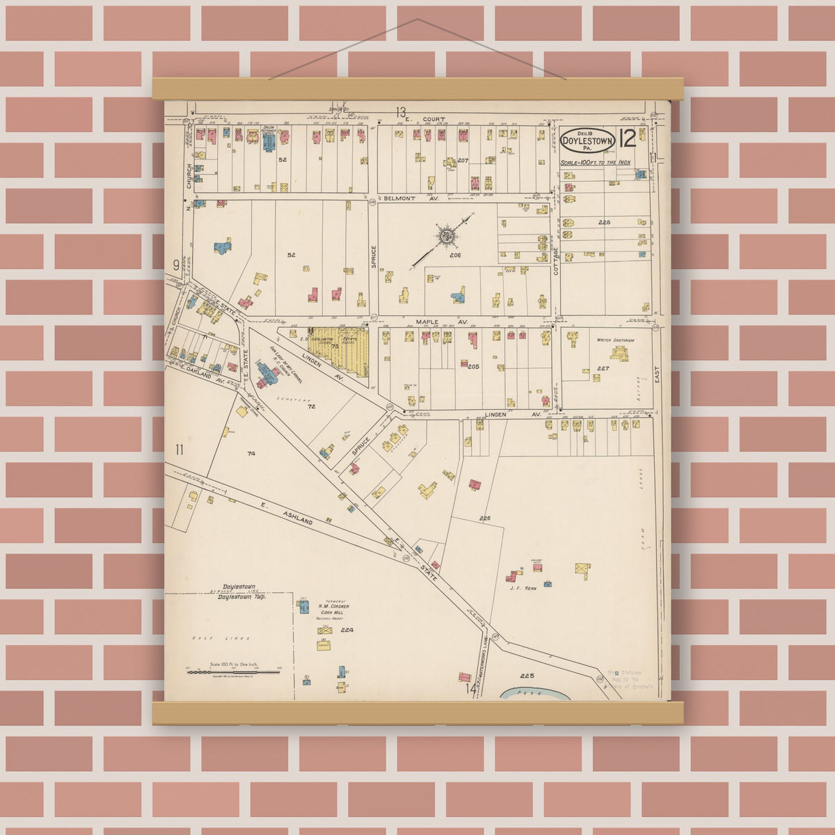 Old map wall art mockup — magnetic wood frame on brick wall — Sanborn Fire Insurance Map from Doylestown, Bucks County, Pennsylvania (1922), Sheet #0012