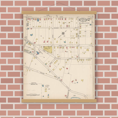 Old map wall art mockup — magnetic wood frame on brick wall — Sanborn Fire Insurance Map from Doylestown, Bucks County, Pennsylvania (1922), Sheet #0012