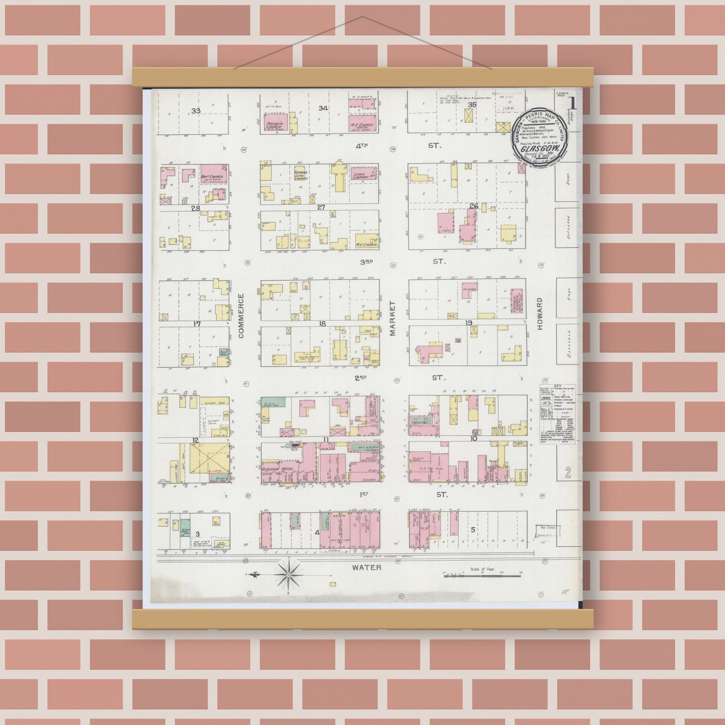 Old map wall art mockup — magnetic wood frame on brick wall — Sanborn Fire Insurance Map from Glasgow, Howard County, Missouri (1893), Sheet #0001