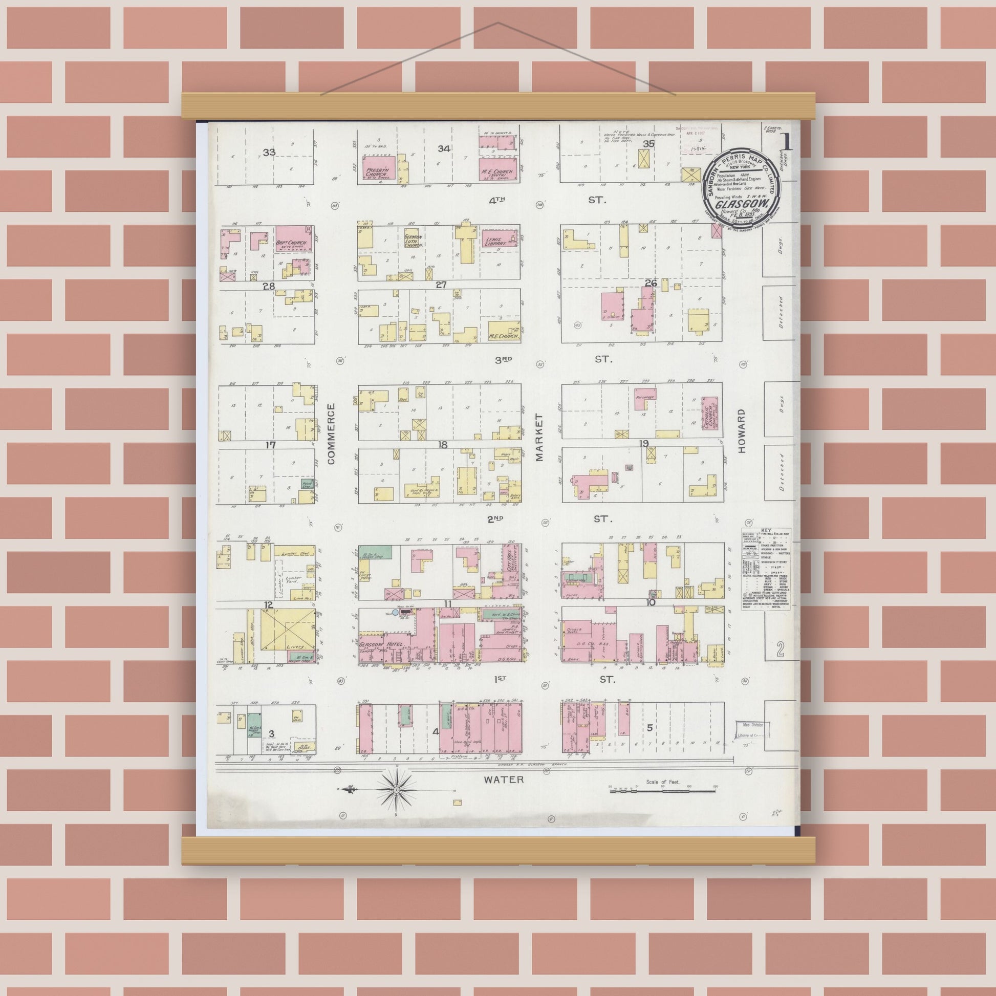 Old map wall art mockup — magnetic wood frame on brick wall — Sanborn Fire Insurance Map from Glasgow, Howard County, Missouri (1893), Sheet #0001