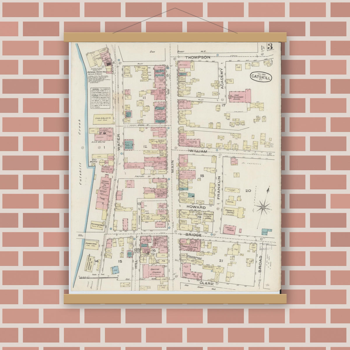 Old map wall art mockup — magnetic wood frame on brick wall — Sanborn Fire Insurance Map from Catskill, Greene County, New York (1884), Sheet #0003