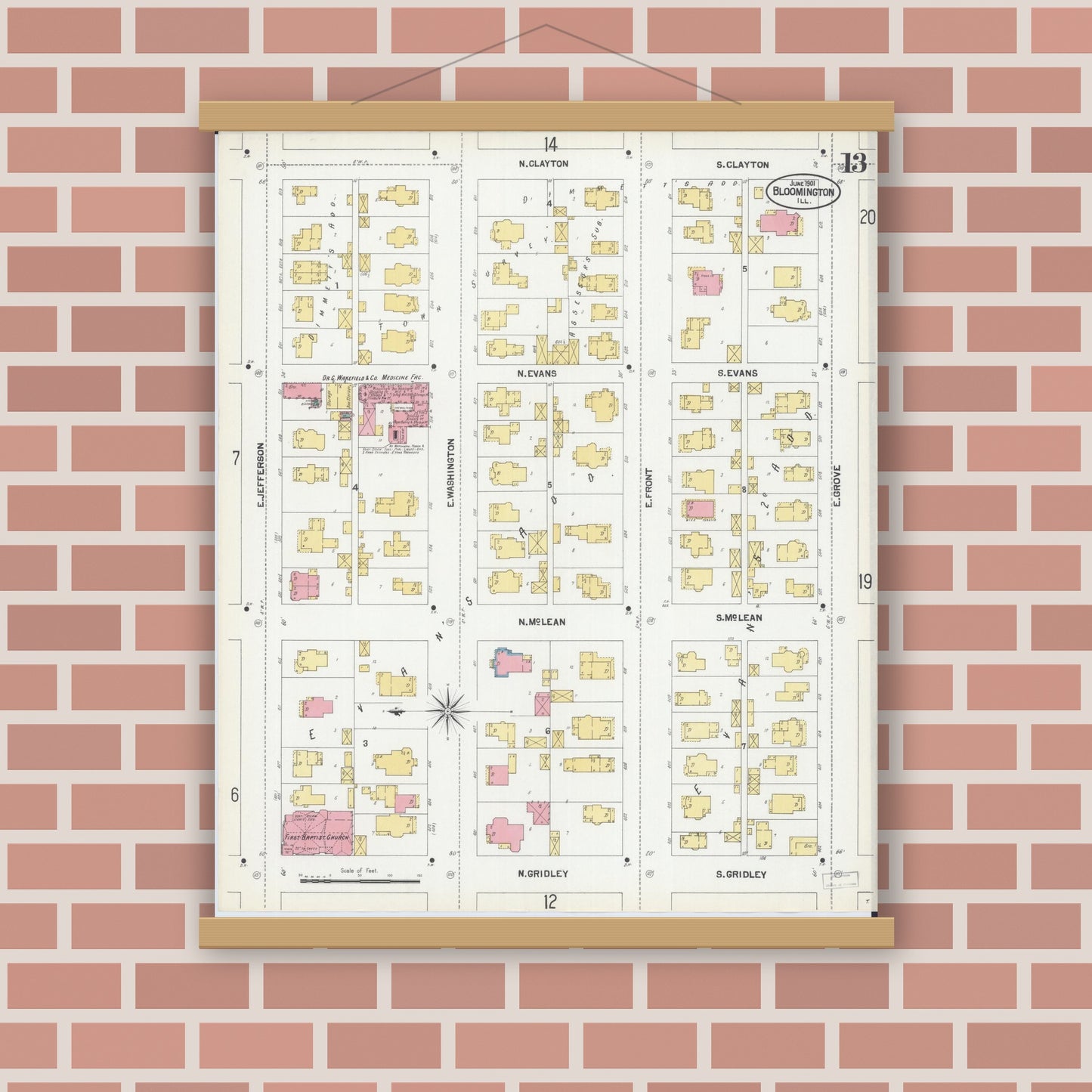 Old map wall art mockup — magnetic wood frame on brick wall — Sanborn Fire Insurance Map from Bloomington, McLean County, Illinois (1901), Sheet #0013