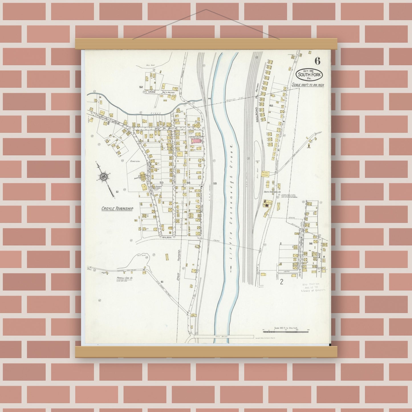 Old map wall art mockup — magnetic wood frame on brick wall — Sanborn Fire Insurance Map from South Fork, Cambria County, Pennsylvania (1916), Sheet #0006