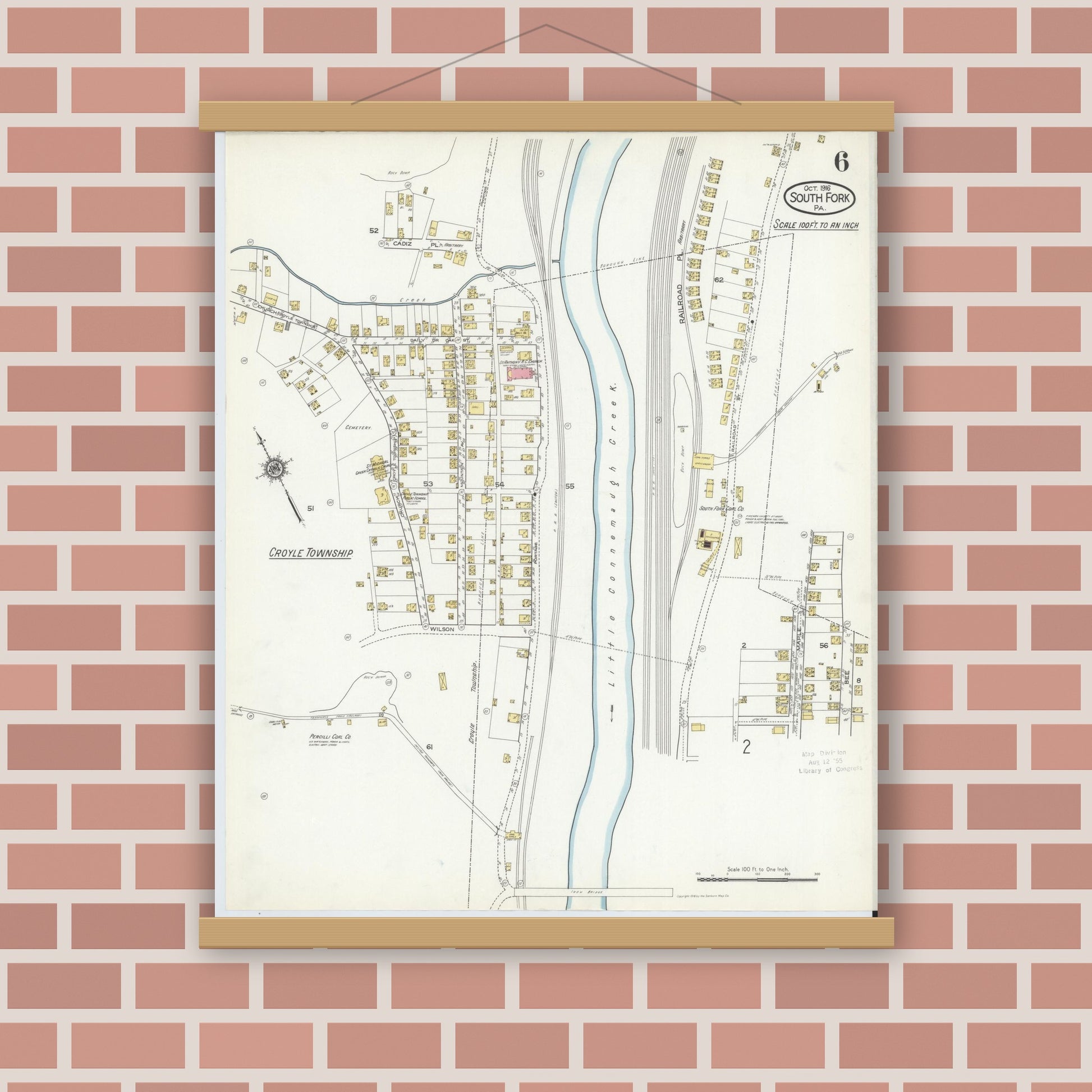 Old map wall art mockup — magnetic wood frame on brick wall — Sanborn Fire Insurance Map from South Fork, Cambria County, Pennsylvania (1916), Sheet #0006