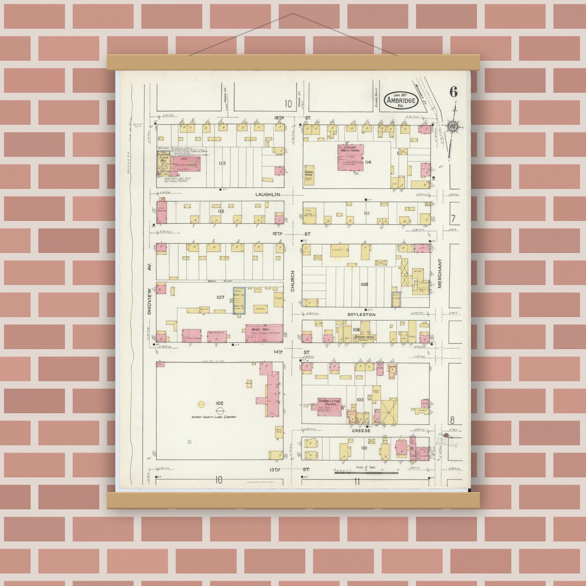 Old map wall art mockup — magnetic wood frame on brick wall — Sanborn Fire Insurance Map from Ambridge, Beaver County, Pennsylvania (1917), Sheet #0006