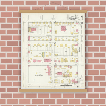 Old map wall art mockup — magnetic wood frame on brick wall — Sanborn Fire Insurance Map from Ambridge, Beaver County, Pennsylvania (1917), Sheet #0006