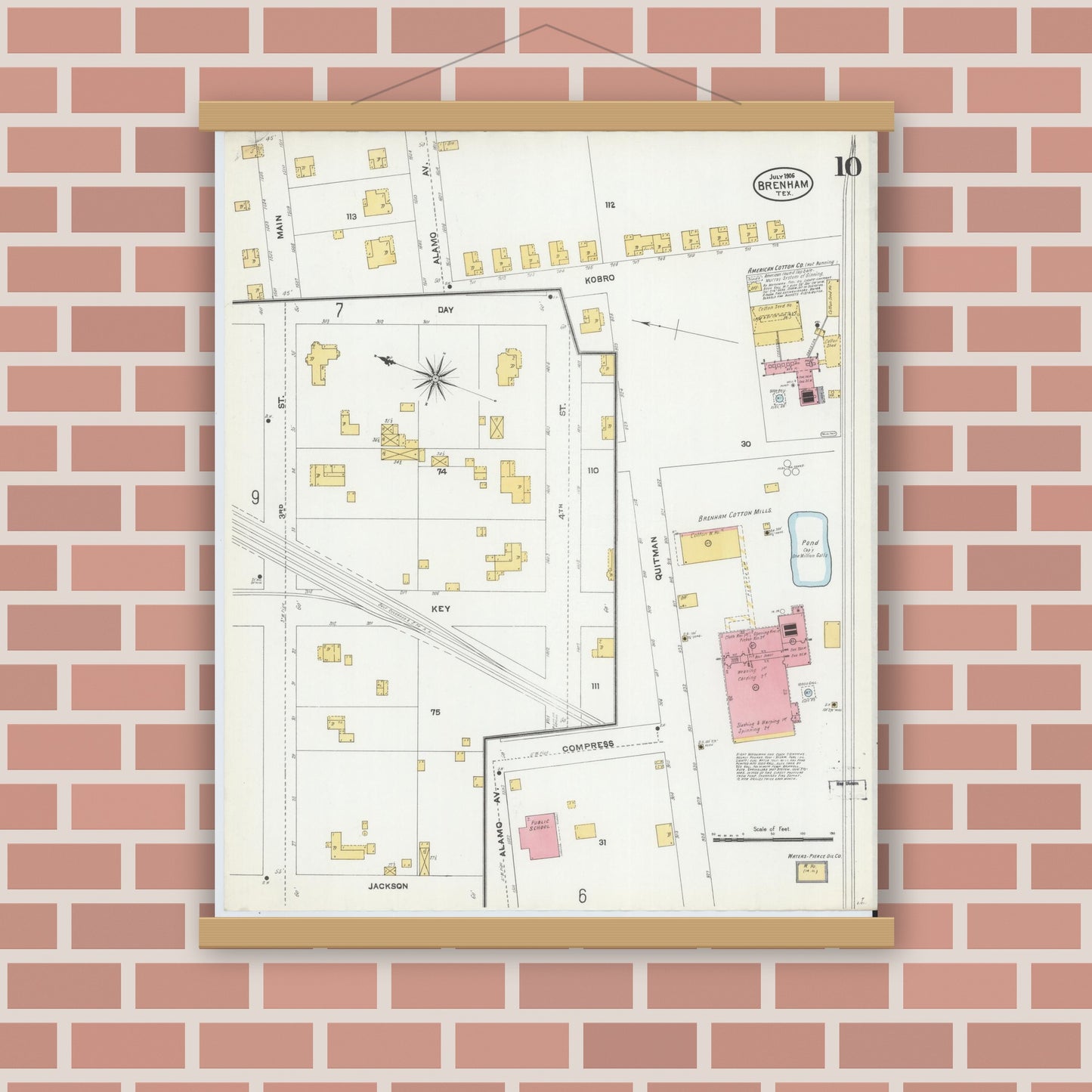 Old map wall art mockup — magnetic wood frame on brick wall — Sanborn Fire Insurance Map from Brenham, Washington County, Texas (1906), Sheet #0010