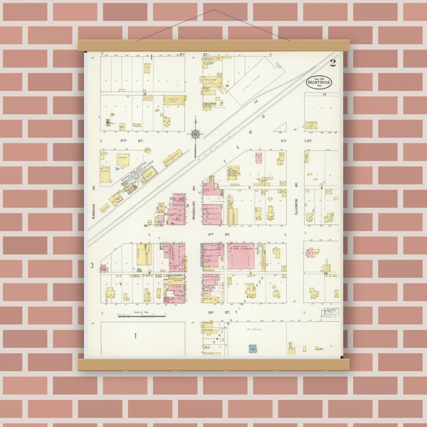 Old map wall art mockup — magnetic wood frame on brick wall — Sanborn Fire Insurance Map from Montrose, Henry County, Missouri (1910), Sheet #0002