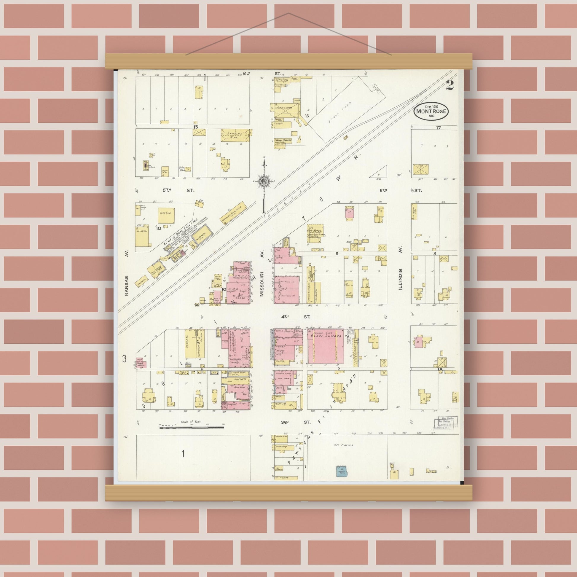 Old map wall art mockup — magnetic wood frame on brick wall — Sanborn Fire Insurance Map from Montrose, Henry County, Missouri (1910), Sheet #0002