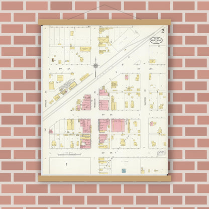 Old map wall art mockup — magnetic wood frame on brick wall — Sanborn Fire Insurance Map from Montrose, Henry County, Missouri (1910), Sheet #0002