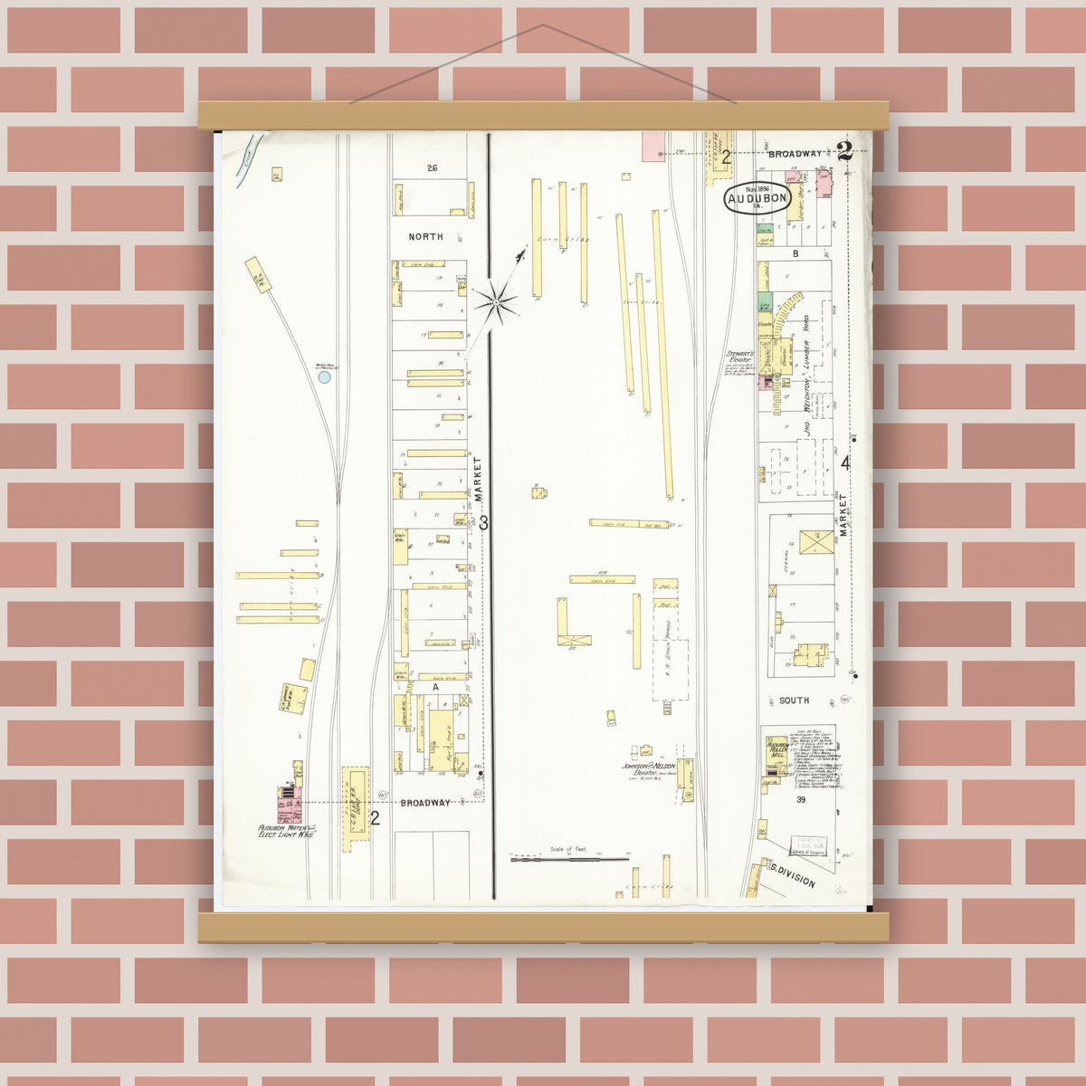 Old map wall art mockup — magnetic wood frame on brick wall — Sanborn Fire Insurance Map from Audubon, Audubon County, Iowa (1896), Sheet #0002