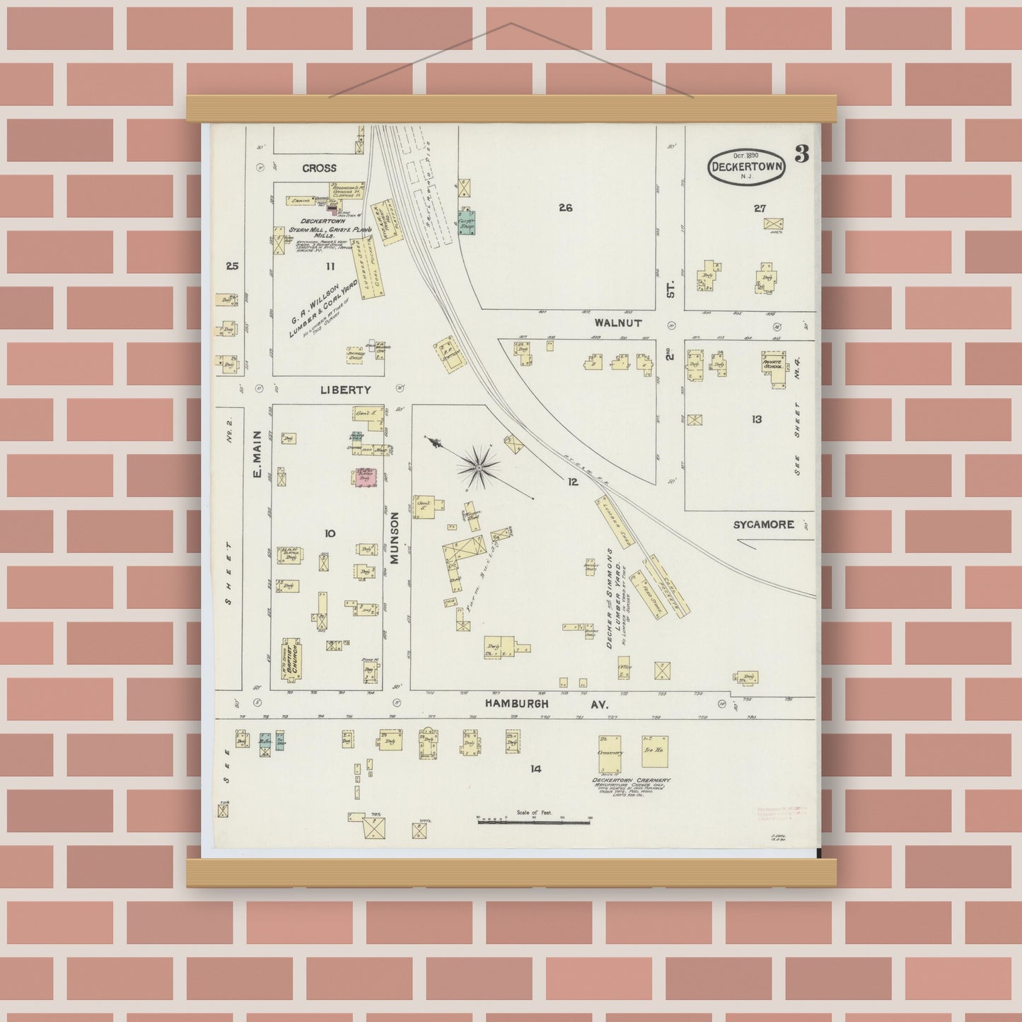 Old map wall art mockup — magnetic wood frame on brick wall — Sanborn Fire Insurance Map from Deckertown, Sussex County, New Jersey (1890), Sheet #0003