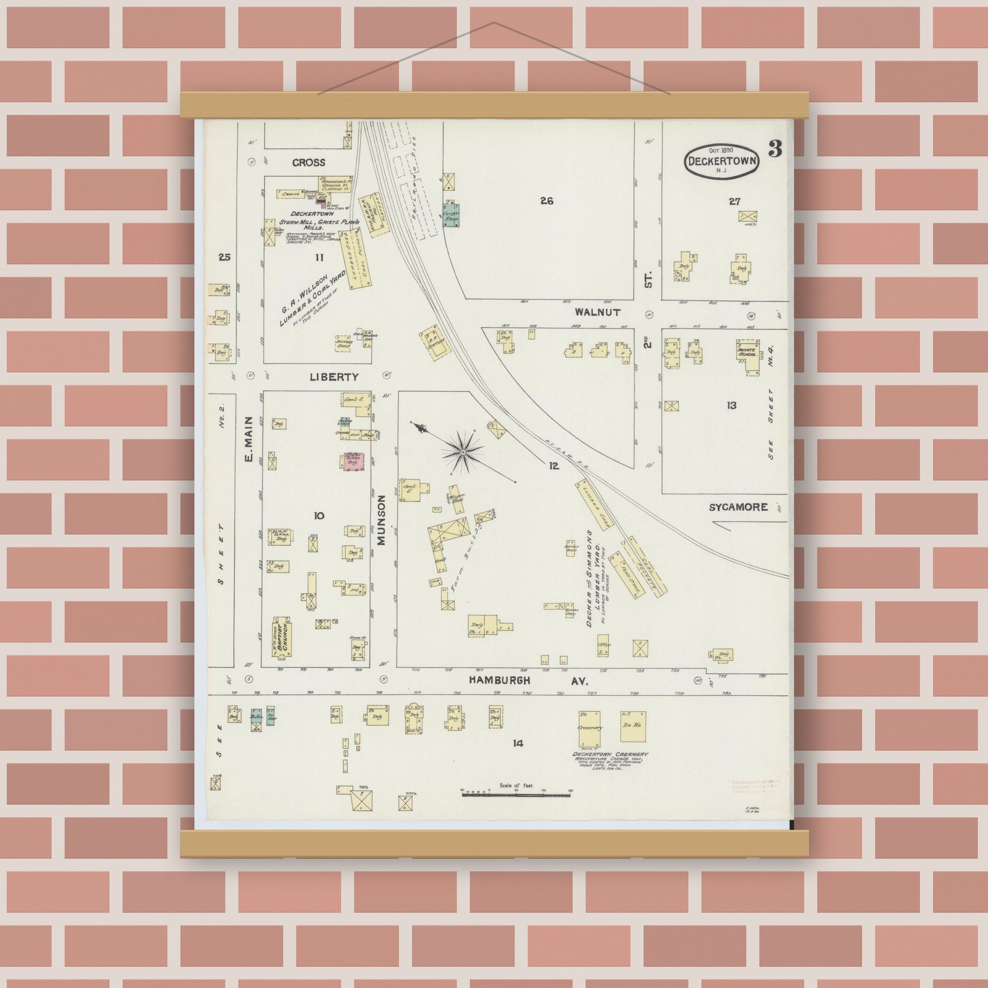 Old map wall art mockup — magnetic wood frame on brick wall — Sanborn Fire Insurance Map from Deckertown, Sussex County, New Jersey (1890), Sheet #0003