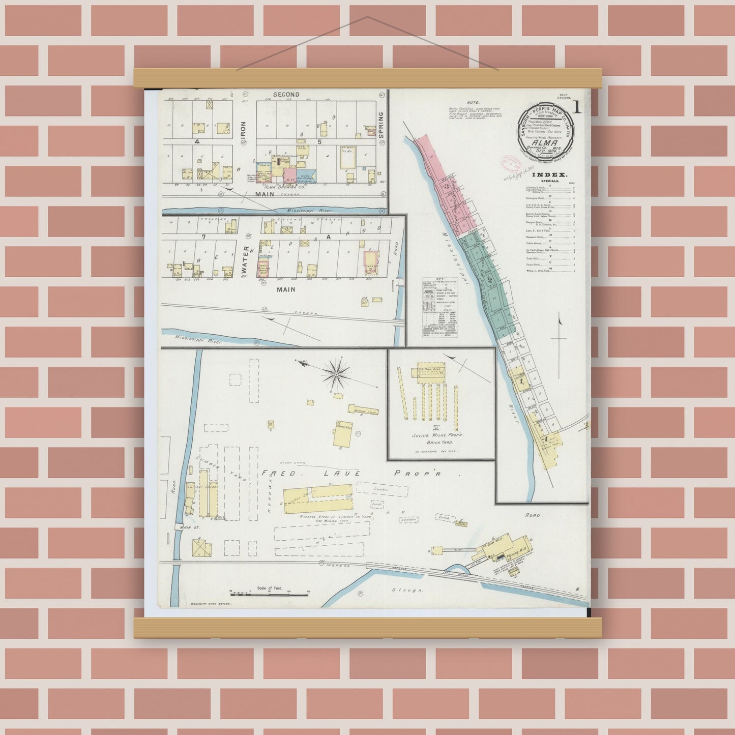 Old map wall art mockup — magnetic wood frame on brick wall — Sanborn Fire Insurance Map from Alma, Buffalo County, Wisconsin (1894) - Complete Map Set