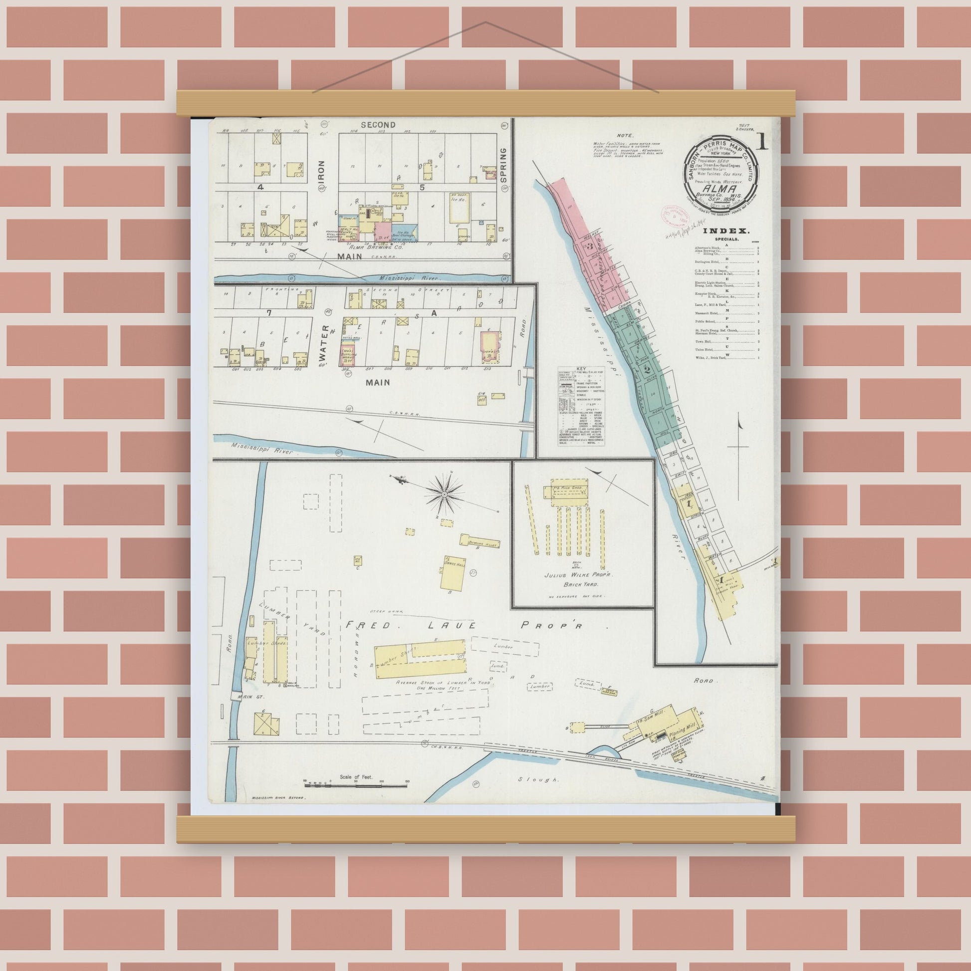 Old map wall art mockup — magnetic wood frame on brick wall — Sanborn Fire Insurance Map from Alma, Buffalo County, Wisconsin (1894) - Complete Map Set