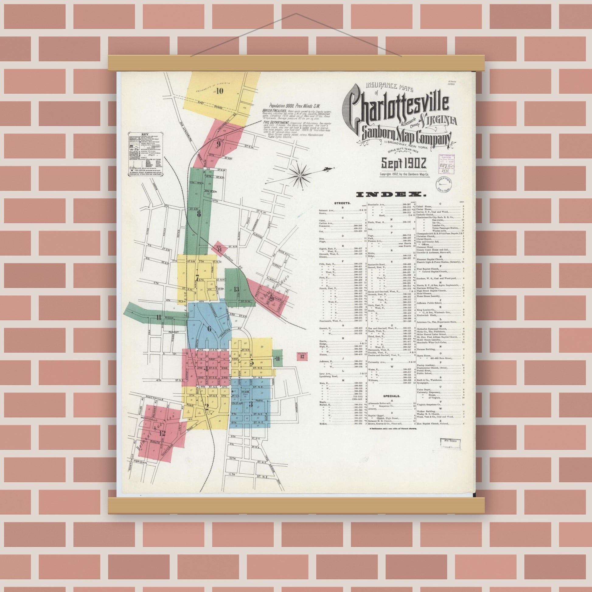 Old map wall art mockup — magnetic wood frame on brick wall — Sanborn Fire Insurance Map from Charlottesville, Independent Cities, Virginia (1902) - Complete Map Set