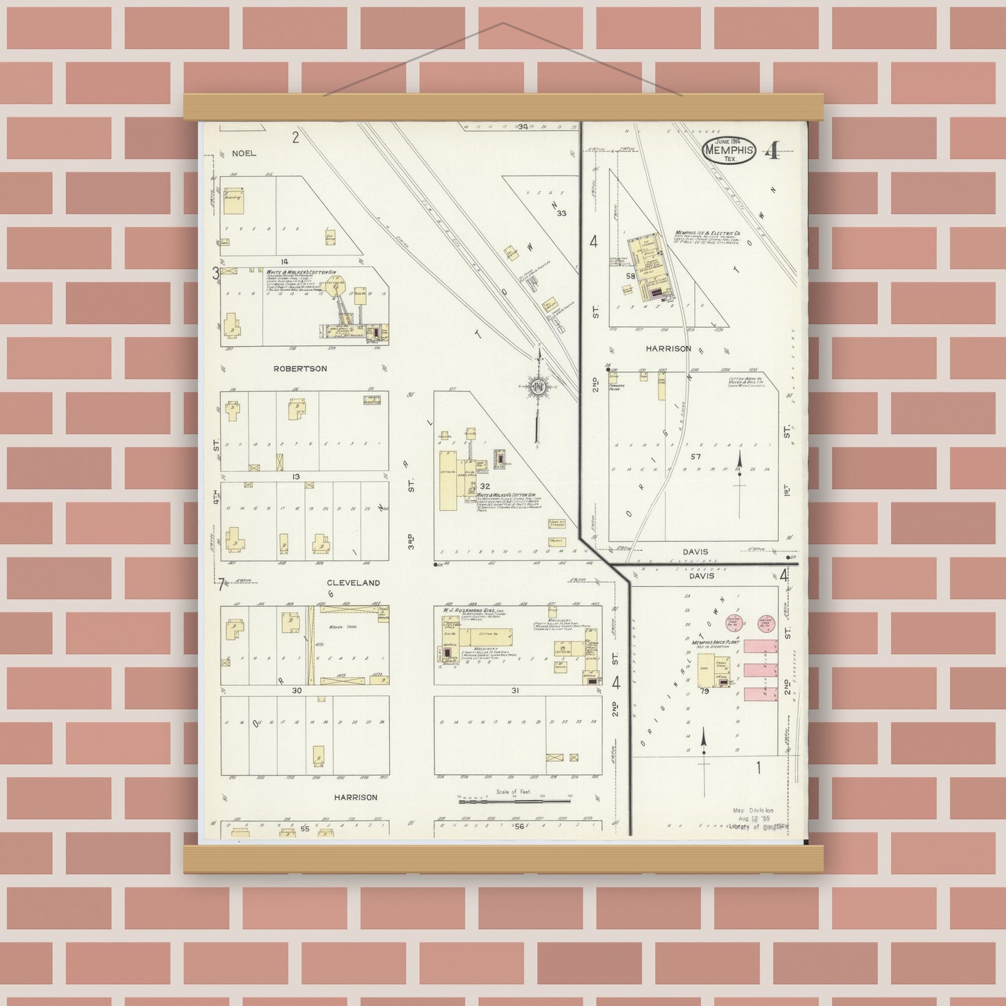 Old map wall art mockup — magnetic wood frame on brick wall — Sanborn Fire Insurance Map from Memphis, Hall County, Texas (1914), Sheet #0004