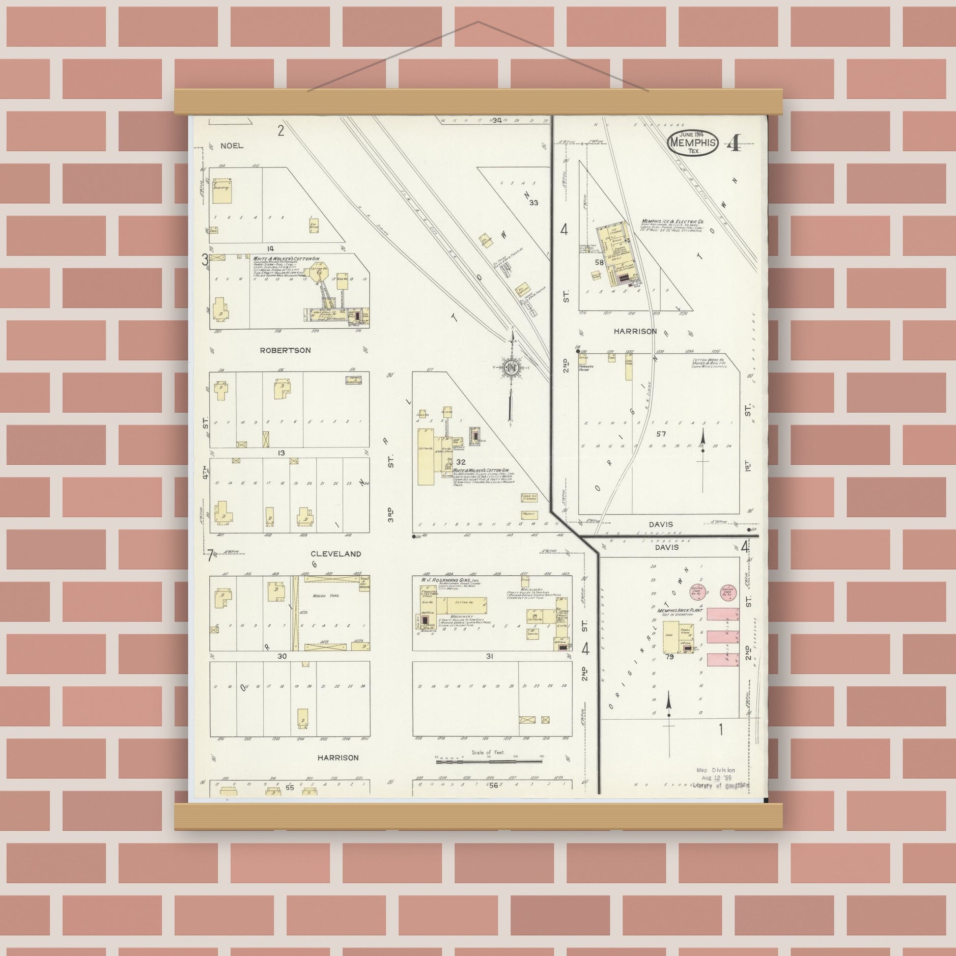 Old map wall art mockup — magnetic wood frame on brick wall — Sanborn Fire Insurance Map from Memphis, Hall County, Texas (1914), Sheet #0004