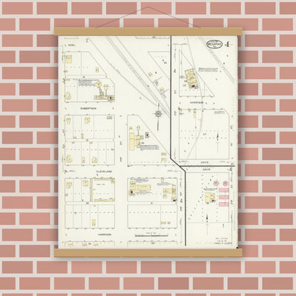 Old map wall art mockup — magnetic wood frame on brick wall — Sanborn Fire Insurance Map from Memphis, Hall County, Texas (1914), Sheet #0004