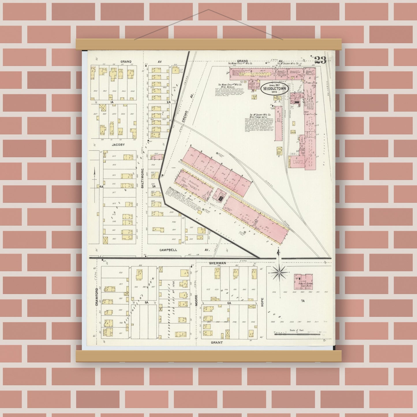 Old map wall art mockup — magnetic wood frame on brick wall — Sanborn Fire Insurance Map from Middletown, Butler County, Ohio (1907), Sheet #0023