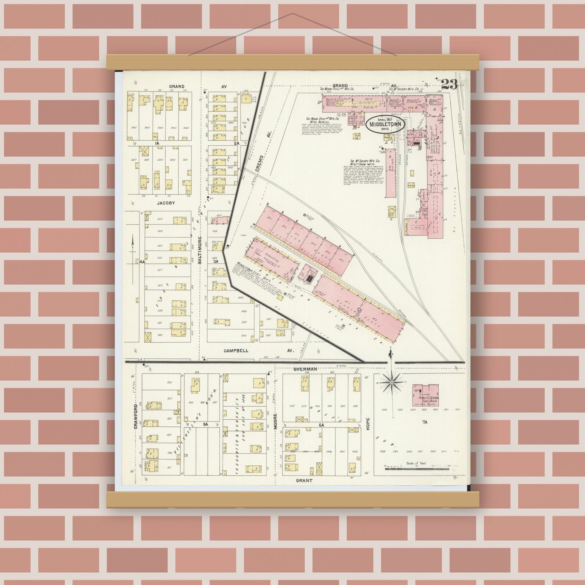 Old map wall art mockup — magnetic wood frame on brick wall — Sanborn Fire Insurance Map from Middletown, Butler County, Ohio (1907), Sheet #0023
