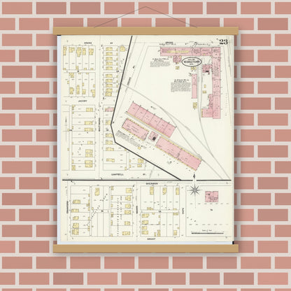Old map wall art mockup — magnetic wood frame on brick wall — Sanborn Fire Insurance Map from Middletown, Butler County, Ohio (1907), Sheet #0023