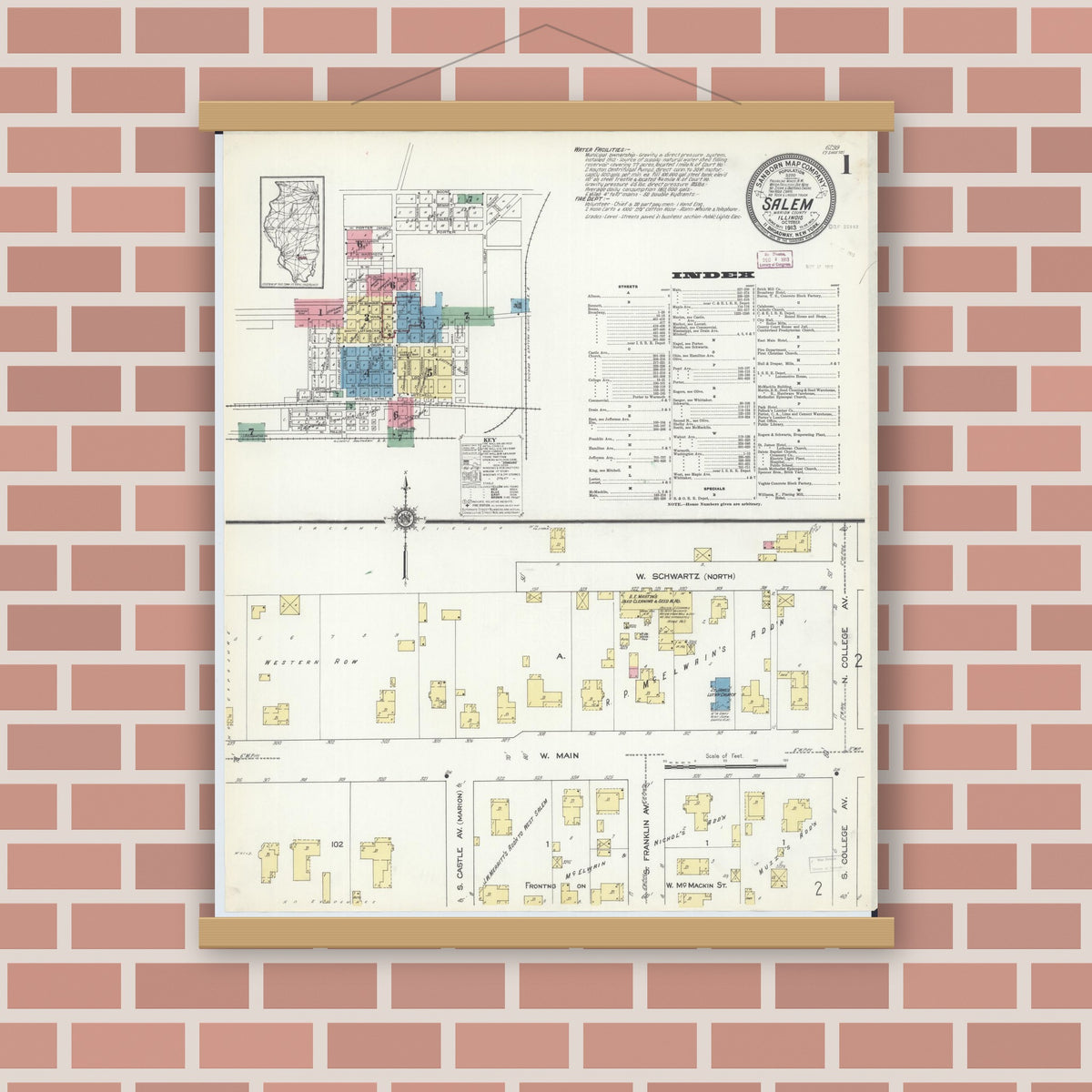 Old map wall art mockup — magnetic wood frame on brick wall — Sanborn Fire Insurance Map from Salem, Marion County, Illinois (1913), Sheet #0001