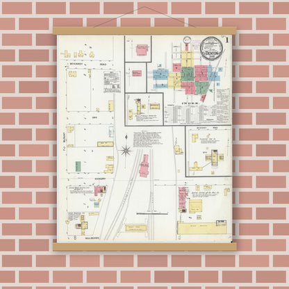 Old map wall art mockup — magnetic wood frame on brick wall — Sanborn Fire Insurance Map from Denton, Denton County, Texas (1901) - Complete Map Set