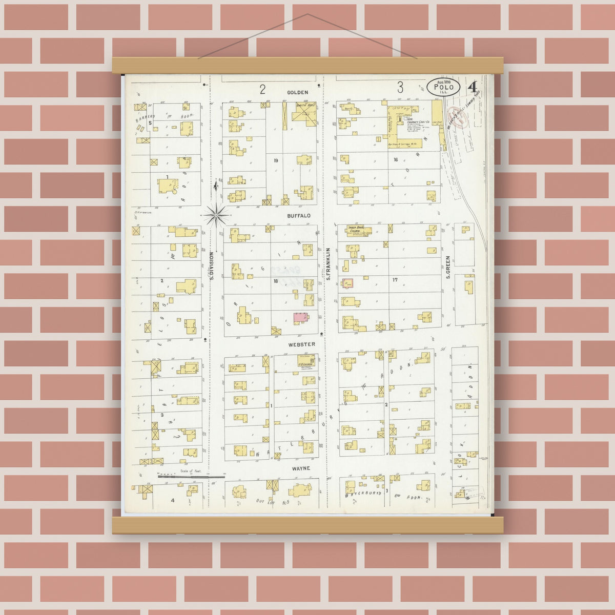 Old map wall art mockup — magnetic wood frame on brick wall — Sanborn Fire Insurance Map from Polo, Ogle County, Illinois (1899), Sheet #0004