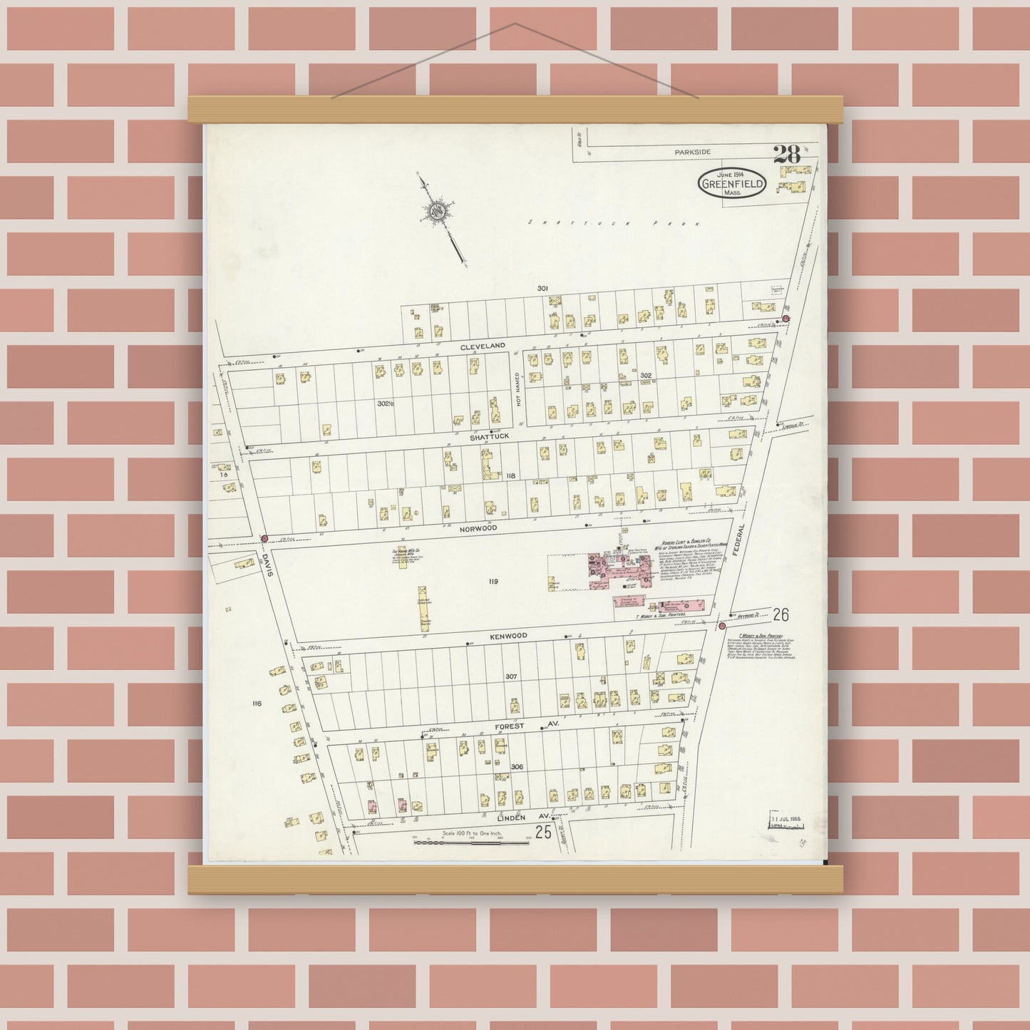 Old map wall art mockup — magnetic wood frame on brick wall — Sanborn Fire Insurance Map from Greenfield, Franklin County, Massachusetts (1914), Sheet #0028