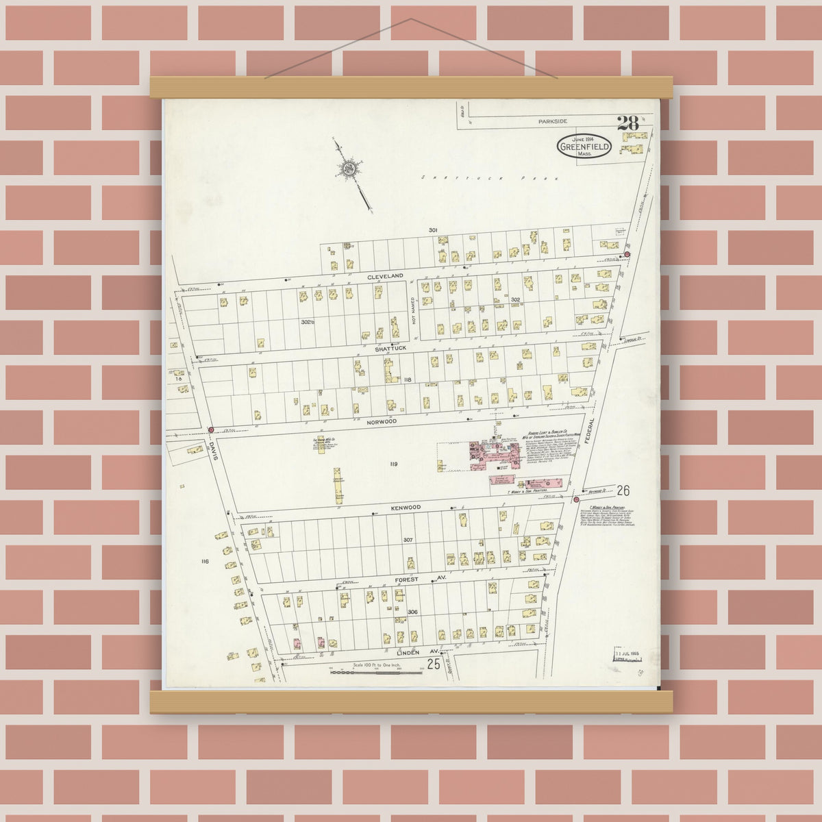 Old map wall art mockup — magnetic wood frame on brick wall — Sanborn Fire Insurance Map from Greenfield, Franklin County, Massachusetts (1914), Sheet #0028